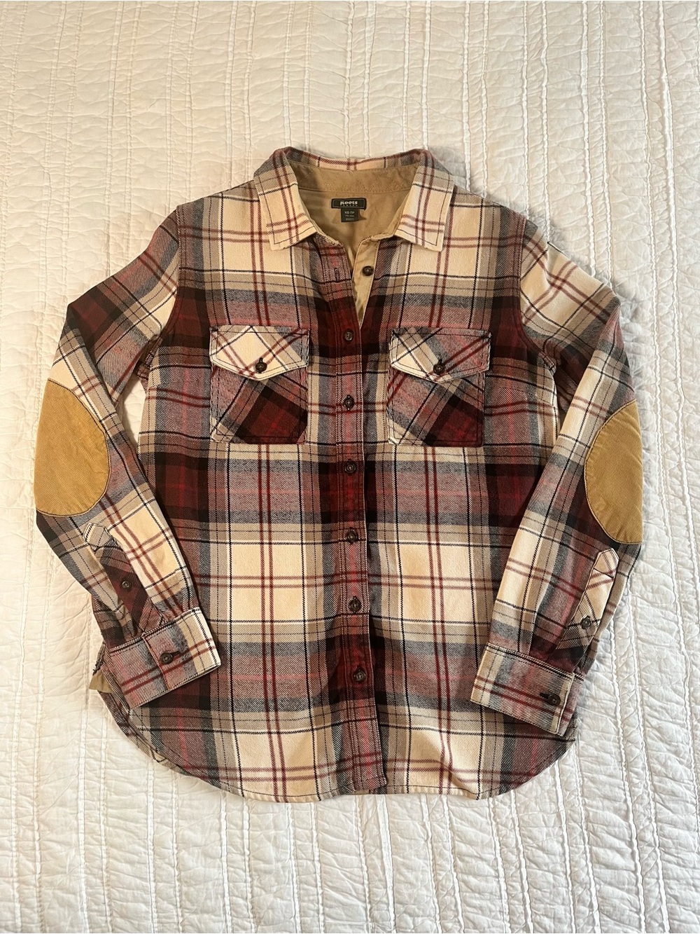 Roots Plaid Cotton Flannel Shirt Jacket with Corduroy Elbow Patches - XS